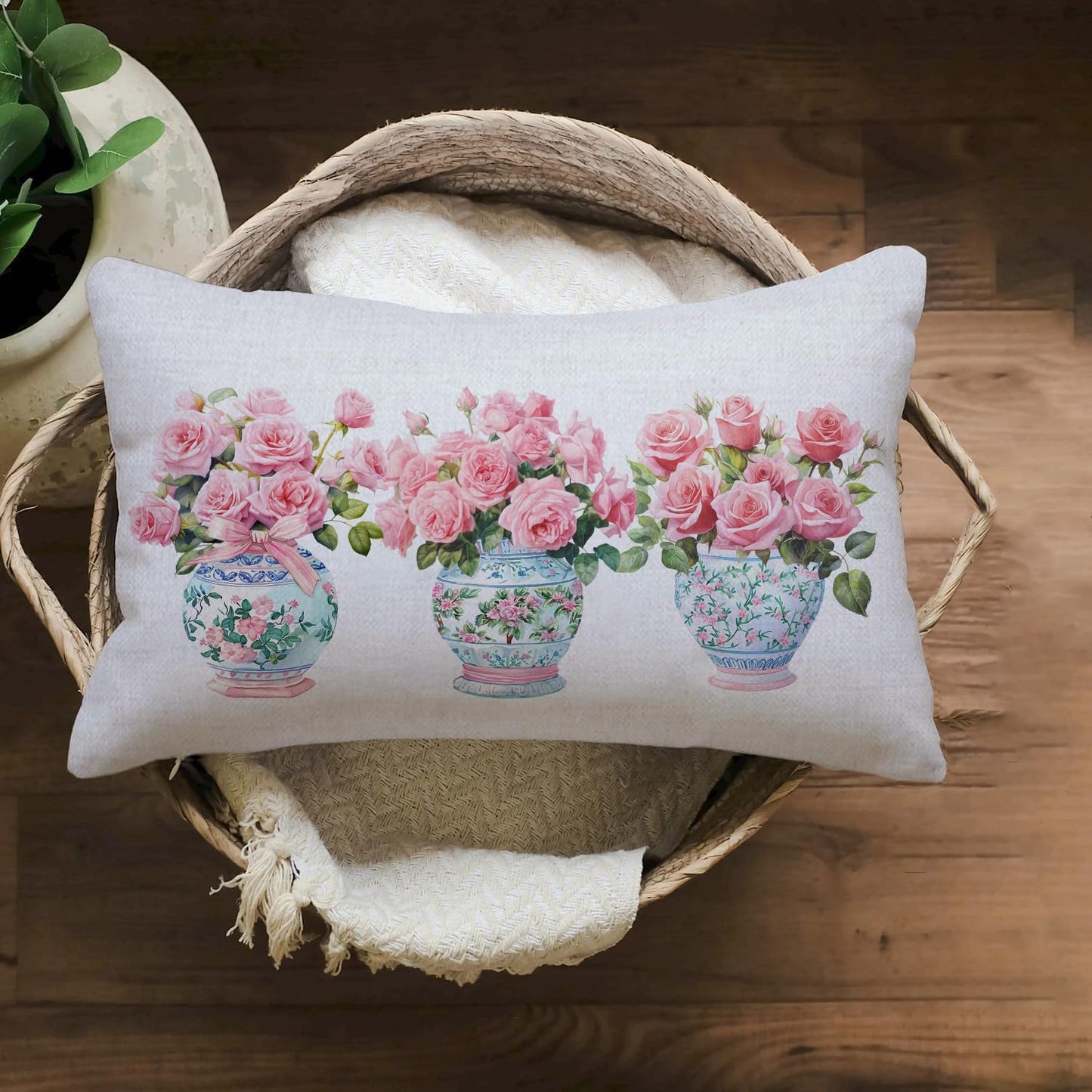 Pink Flowers and Leaves Pillow case, Chinoiserie Floral Pattern Pillow Cover, Flower Rose Case Cushion Cover Couch Sofa Decorative 12x20 inches