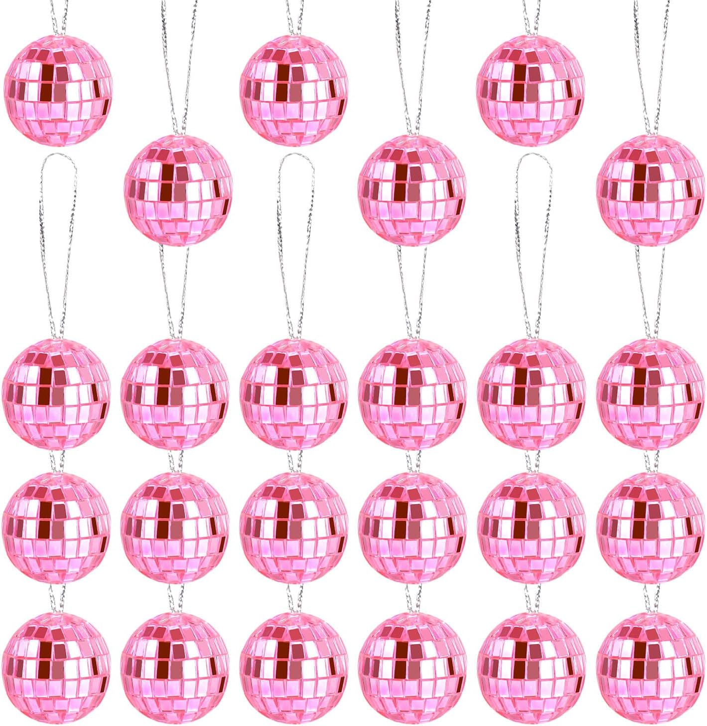 24pcs Hanging Disco Ball Party Decor, 1.1 Inch Mini Mirror Disco Balls Pink Disco Ball Disco Party Decorations Disco Ball Ornaments for Christmas Tree Halloween Holiday Birthday Party Wedding