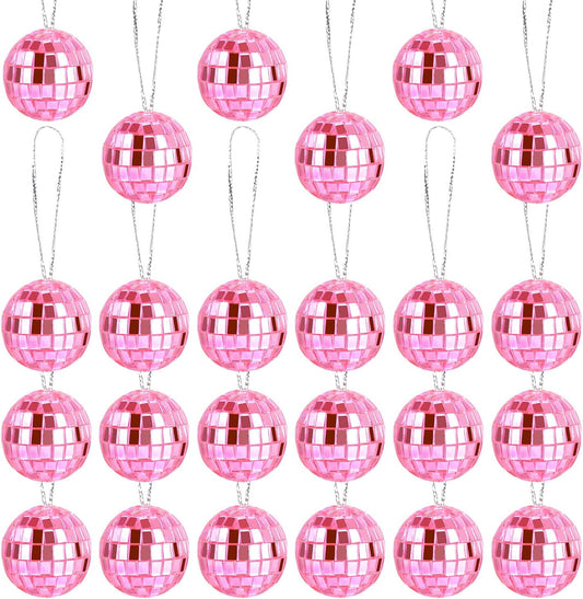 24pcs Hanging Disco Ball Party Decor, 1.1 Inch Mini Mirror Disco Balls Pink Disco Ball Disco Party Decorations Disco Ball Ornaments for Christmas Tree Halloween Holiday Birthday Party Wedding