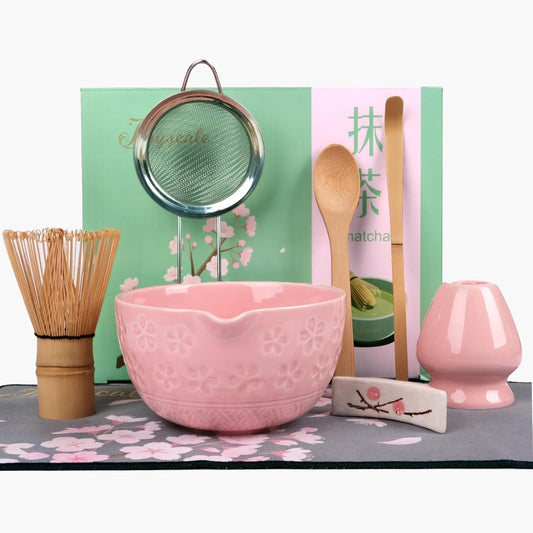Joyscale Matcha Whisk Set, Matcha Set Whisk And Bowl, 8 Pcs Matcha Kit Set(Wide Cherry Blossom Design), 14 OZ, Japanese Matcha Tea Set, Matcha Making Kit Gifts for Tea Lovers(Pink)