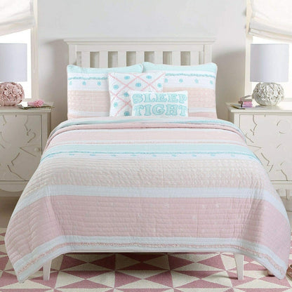 Cozy Line Home Fashions Light Pink Blue Ruffles Girl 100% Cotton Reversible Quilt Bedding Set, Coverlet, Bedspread (Candy, Twin - 2 Piece: 1 Quilt + 1 Sham)