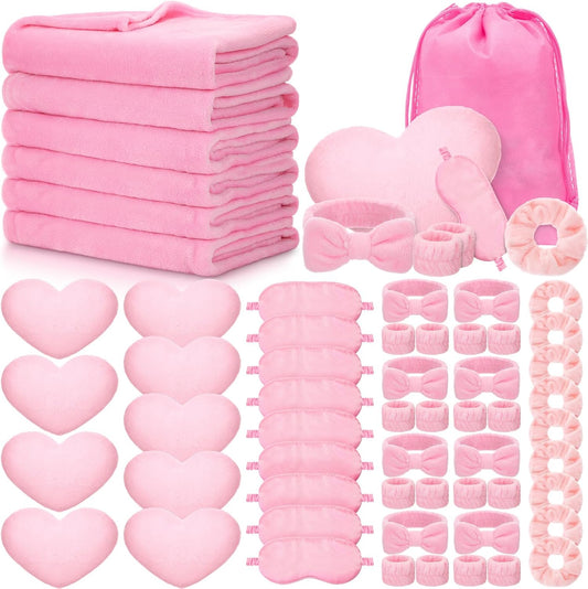 Fanfanwin 63 Pcs Spa Sleepover Party Supply Set 9 Pink Fleece Blankets 9 Fluffy Pink Heart Throw Pillows 9 Satin Eye Masks 9 Spa Headband 9 Wristband 9 Plush Scrunchies 9 Gift Bags for Slumber Party