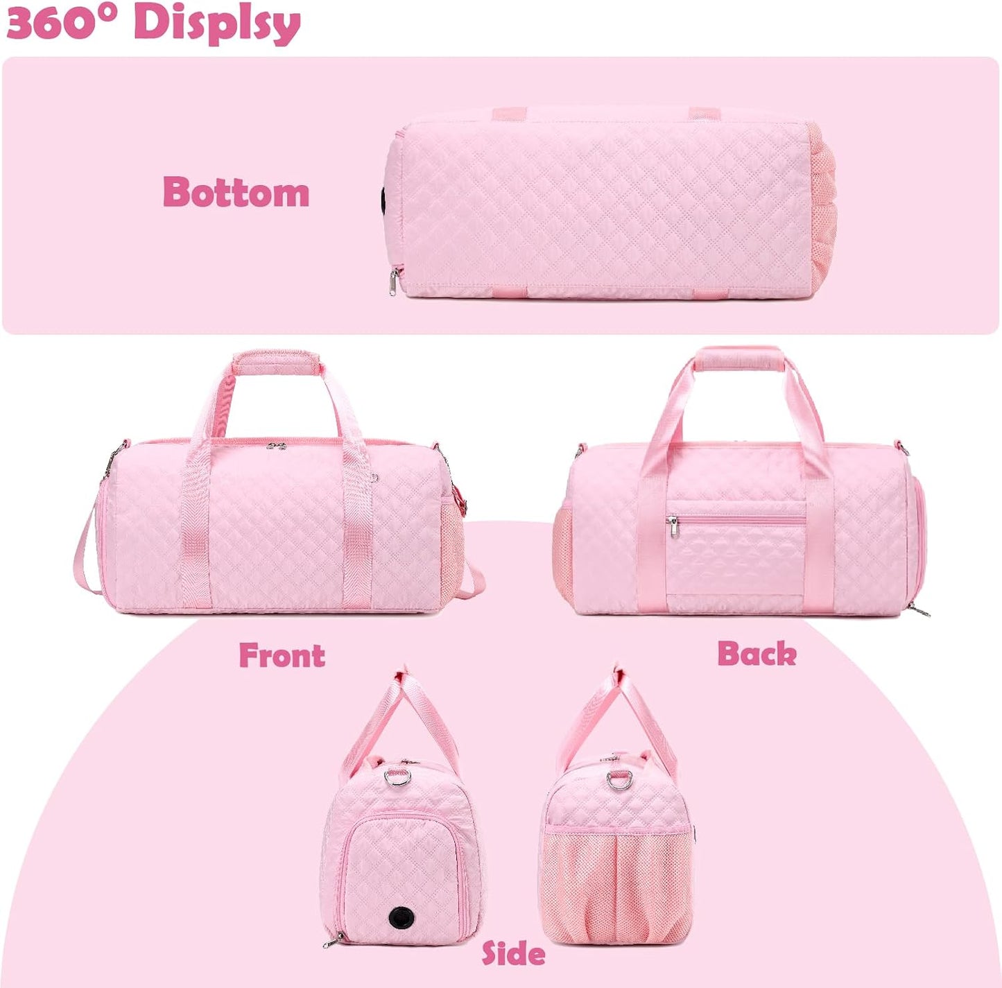 Pink Ballet Bags for Girls, Dance Duffle Bags with Wet & Shoe Compartments for Women, Overnight Travel Bags with Trolley Sleeve for Party Sleepover Bags
