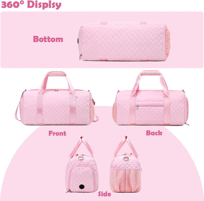 Pink Ballet Bags for Girls, Dance Duffle Bags with Wet & Shoe Compartments for Women, Overnight Travel Bags with Trolley Sleeve for Party Sleepover Bags
