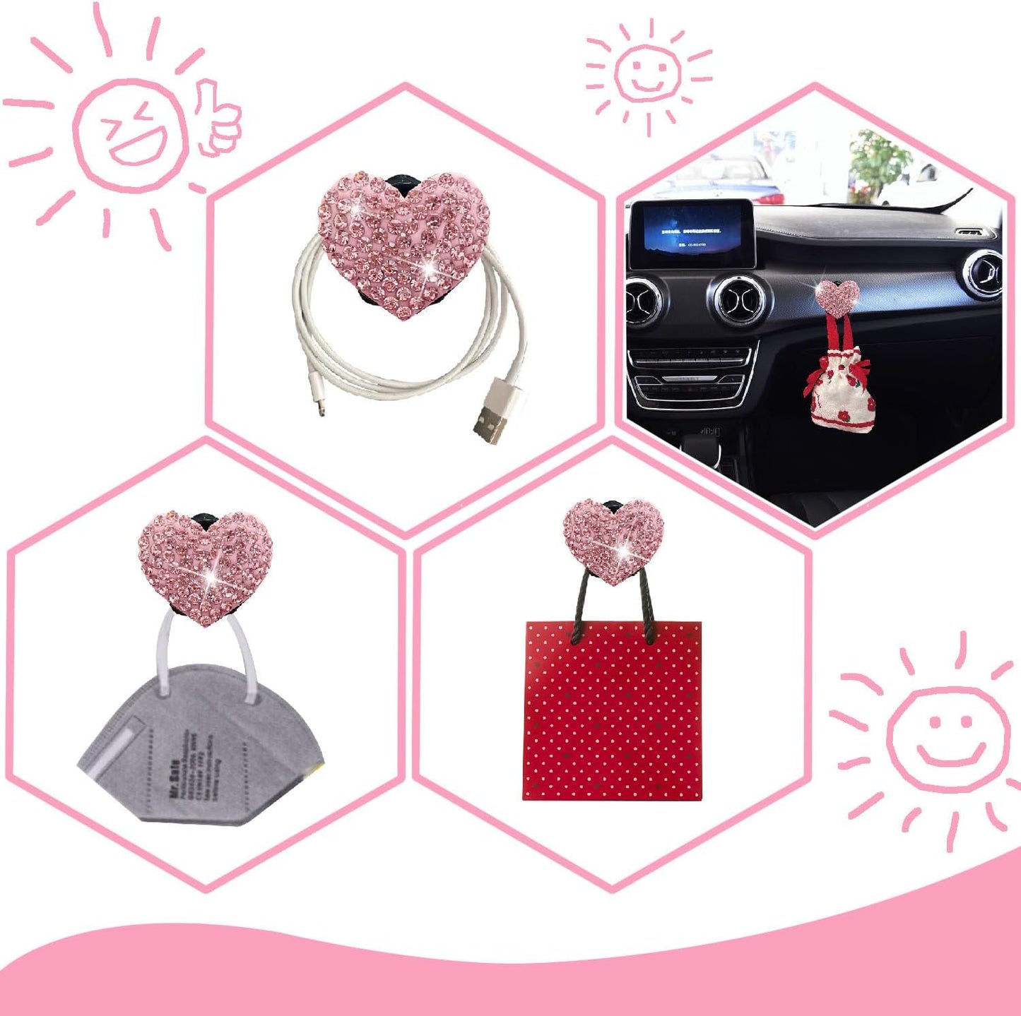 Pink Heart & Butterfly Air Vent Clips, 4 Pcs Bling Heart & Butterfly Air Fresheners Vents Clips Diamond Car Interior Decor Bling Cute Pink Car Accessories Decoration for Women + Heart Mask Hook