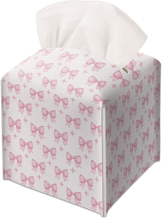 Pink Watercolor Bow Decor Tissue Box Cover Modern Square Leather Tissue Case Holder Gifts for Women Family and Friends, Decorative Holder/Organizer for Bathroom Kitchen Nightstand Office Home - B48