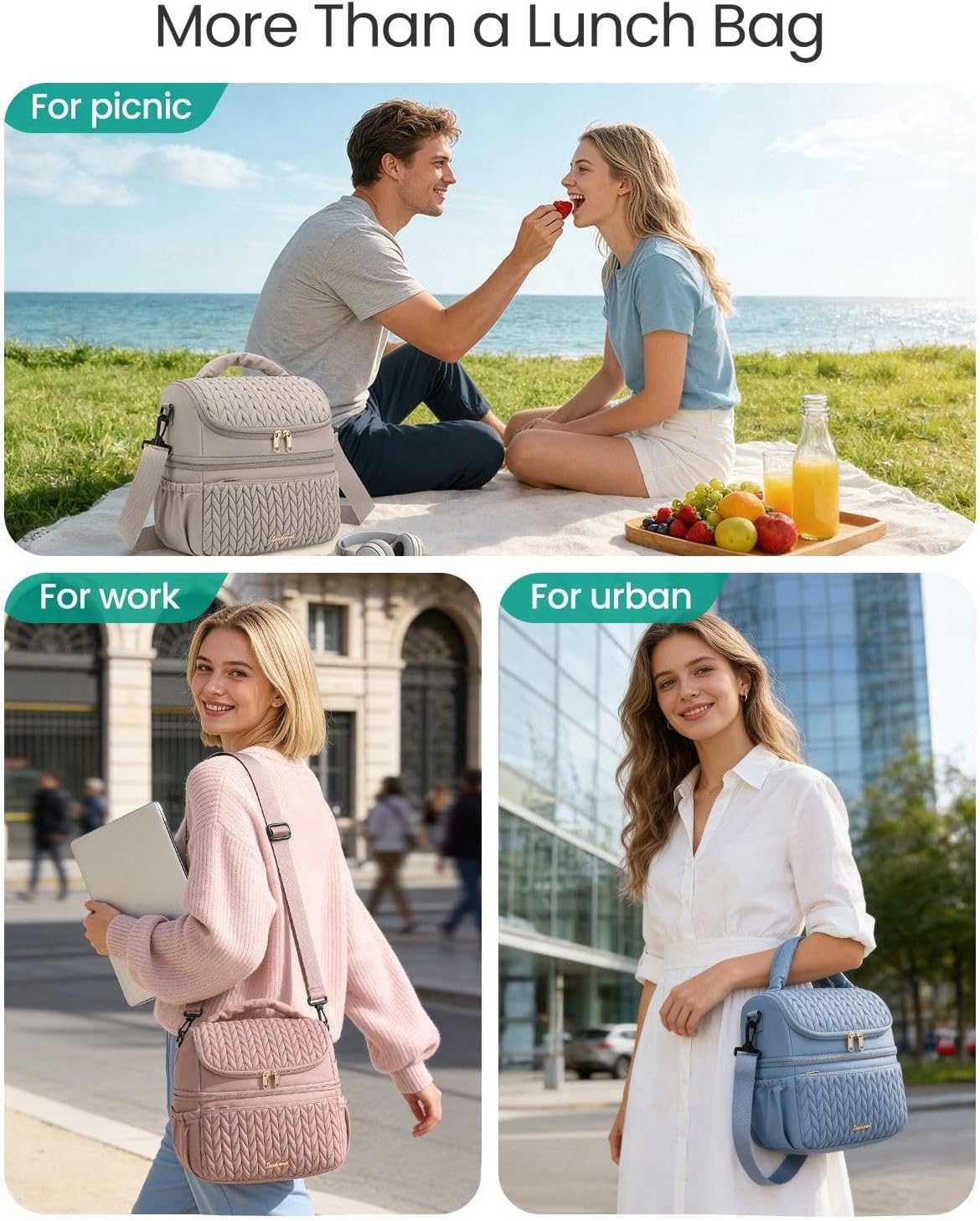 Lunch Bag Women, Double Deck Insulated Lunch Box - Large Capacity 12L with Detachable Divider for Tall Items, Leakproof, Durable & Reusable Cooler Bag For Work Picnic Travel, Quilted Pink