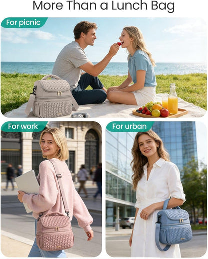Lunch Bag Women, Double Deck Insulated Lunch Box - Large Capacity 12L with Detachable Divider for Tall Items, Leakproof, Durable & Reusable Cooler Bag For Work Picnic Travel, Quilted Pink