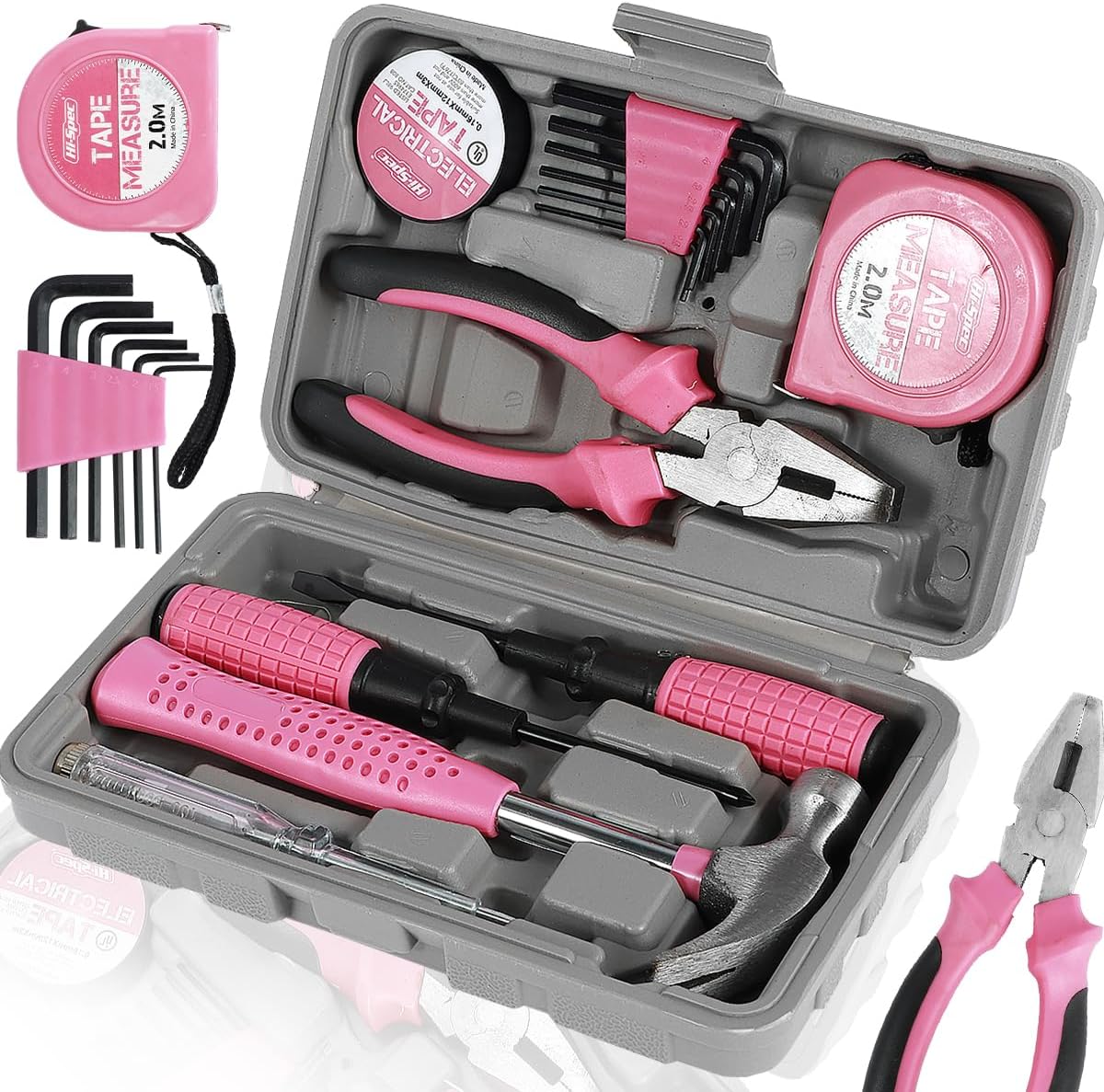 13/24Pcs Household Repair Tool Kit Multi-Purpose Pink Home Hand Tool Set with Storage Case Hammer and Allen Key Set with Electrical Tape Screwdriver Test Pen Plier Bits QUZHEMA_US