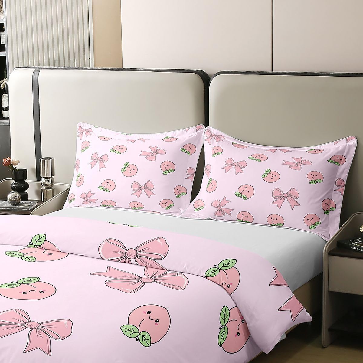 Erosebridal Bowknot 100% Cotton Duvet Cover Twin Size Peach Bedding Set for Kids Boys Girls Cute Cartoon Peaches Kawaii Pink Bow Comforter Cover Fruit Princess Ribbon Bowtie Bedclothes