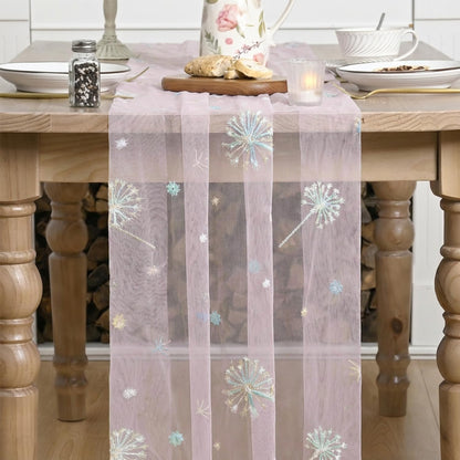 Artoid Mode Sequin Dandelion Floral Pink Gauze Embroidery Table Runner 120 Inch 10FT, Tulle Spring Kitchen Dining Holiday Table Decor for Home Party