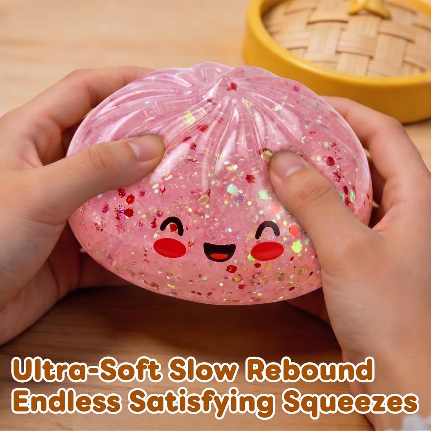 Dumpling Squishies Toys, Mystery Squishy Dumpling Box, Squishy Fidget Squishies, Stretchy Bun with Mini Food Steamer Desk Fidget Toy for Adults Office Home (Glitter Pink)