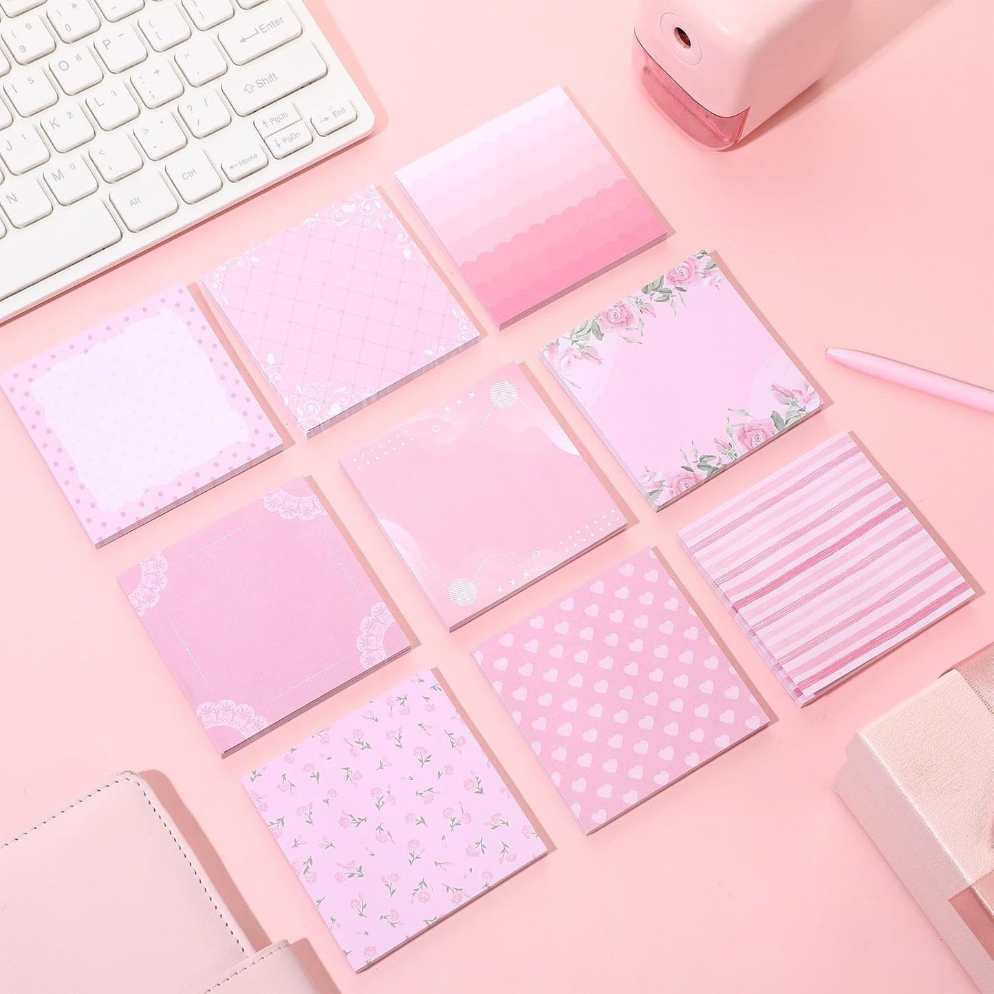 9 Pcs Aesthetic Sticky Notes Cute Pastel Self Stick Notepads Easy to Post Desk Supplies for Home Office Decor School Accessories Women Birthday Coworker Gifts(Pink)