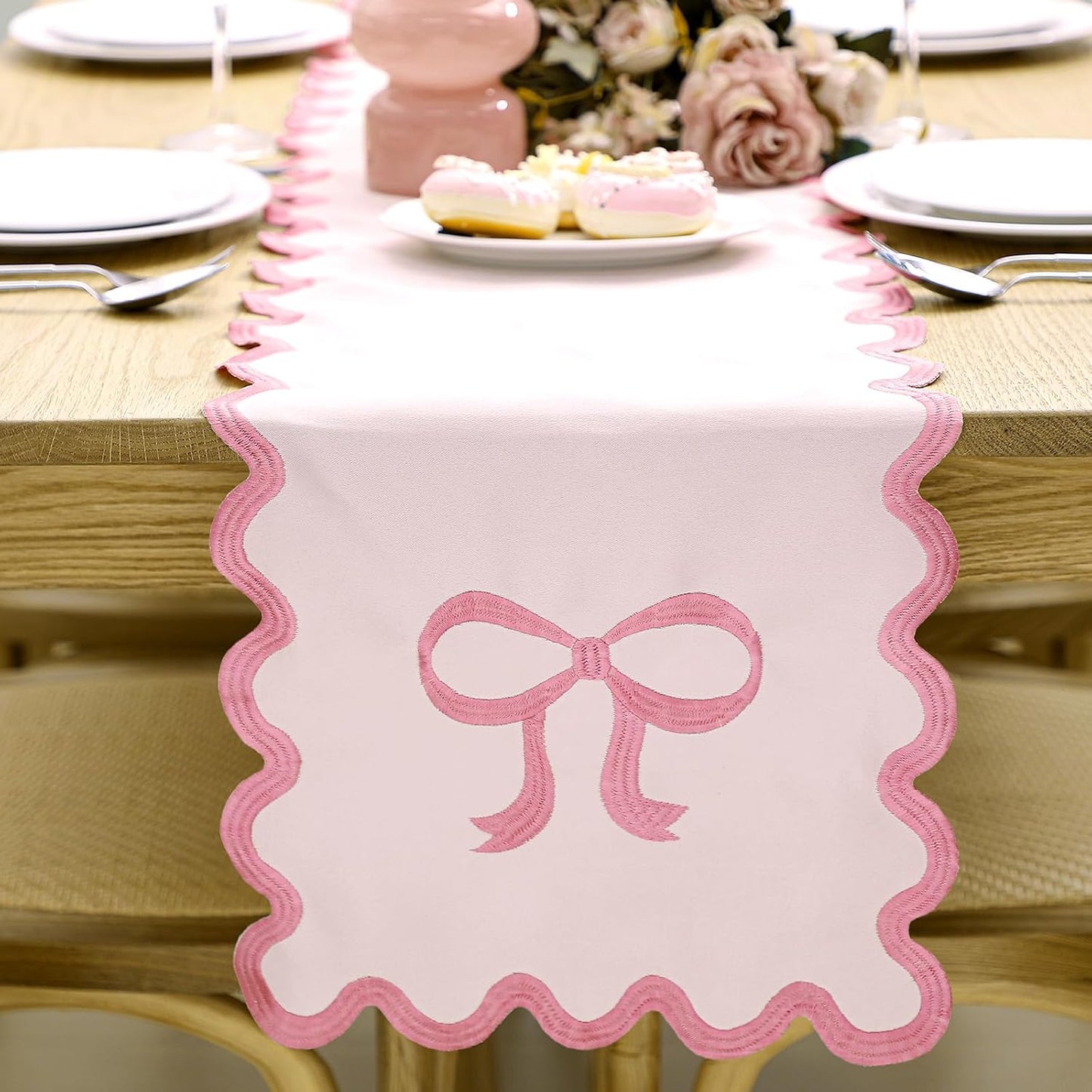 Pink Bow Table Runner 72 Inches Cute Embroidery Scalloped Table Runner Coquette Dining Decor for Wedding Birthday Baby Shower Spring Summer Home Decor
