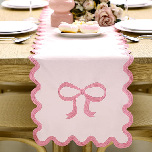 Pink Bow Table Runner 72 Inches Cute Embroidery Scalloped Table Runner Coquette Dining Decor for Wedding Birthday Baby Shower Spring Summer Home Decor