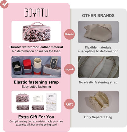 BOYATU Travel Makeup Bag Organizer: 3 Pcs Set Leopard Make up Bag for Women | Vegan Leather Cosmetic Bags with Compartments - Waterproof Toiletry Bag - 180° Open-Flat Make up Case for 3-15 Day Trips