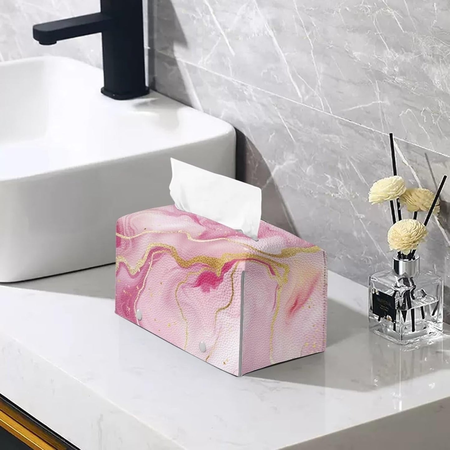 Pink Marble Printed Cuboid Tissue Box Holder Rectangular Napkin Organizer PU Leather Tissue Box Holder for Home/Office/Car