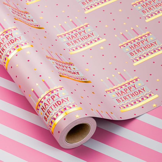 MAYPLUSS Pink Birthday Wrapping Paper Roll - 17 Inch X 16.5 Feet - Girly Shiny Metallic Pink Birthday Cake Pattern Reversible Gift Wrap Paper Pastel for Girl Baby Shower Wedding Bridal Shower
