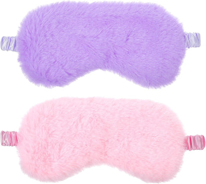 2 Pcs Plush Eye Mask, Cute Soft Fluffy Sleeping Blindfold Eye Cover Comfortable Satin Back New Faux Fur Nap Eyes Cover for Men Women Plane, Game, Travel Nap (Pink, Purple)