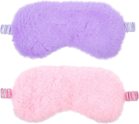 2 Pcs Plush Eye Mask, Cute Soft Fluffy Sleeping Blindfold Eye Cover Comfortable Satin Back New Faux Fur Nap Eyes Cover for Men Women Plane, Game, Travel Nap (Pink, Purple)