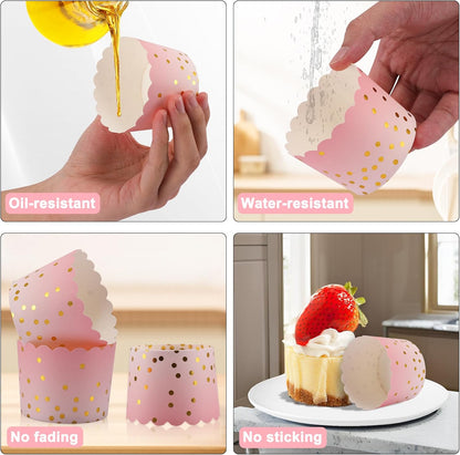 Pink Cupcake Liners for Baking, Standard Size Muffin Paper Liners with Gold Polka Dots, 50Pack Baking Cups for Baby Shower, Birthday Party, Valentines Day, Mother's Day Cupcake Liners