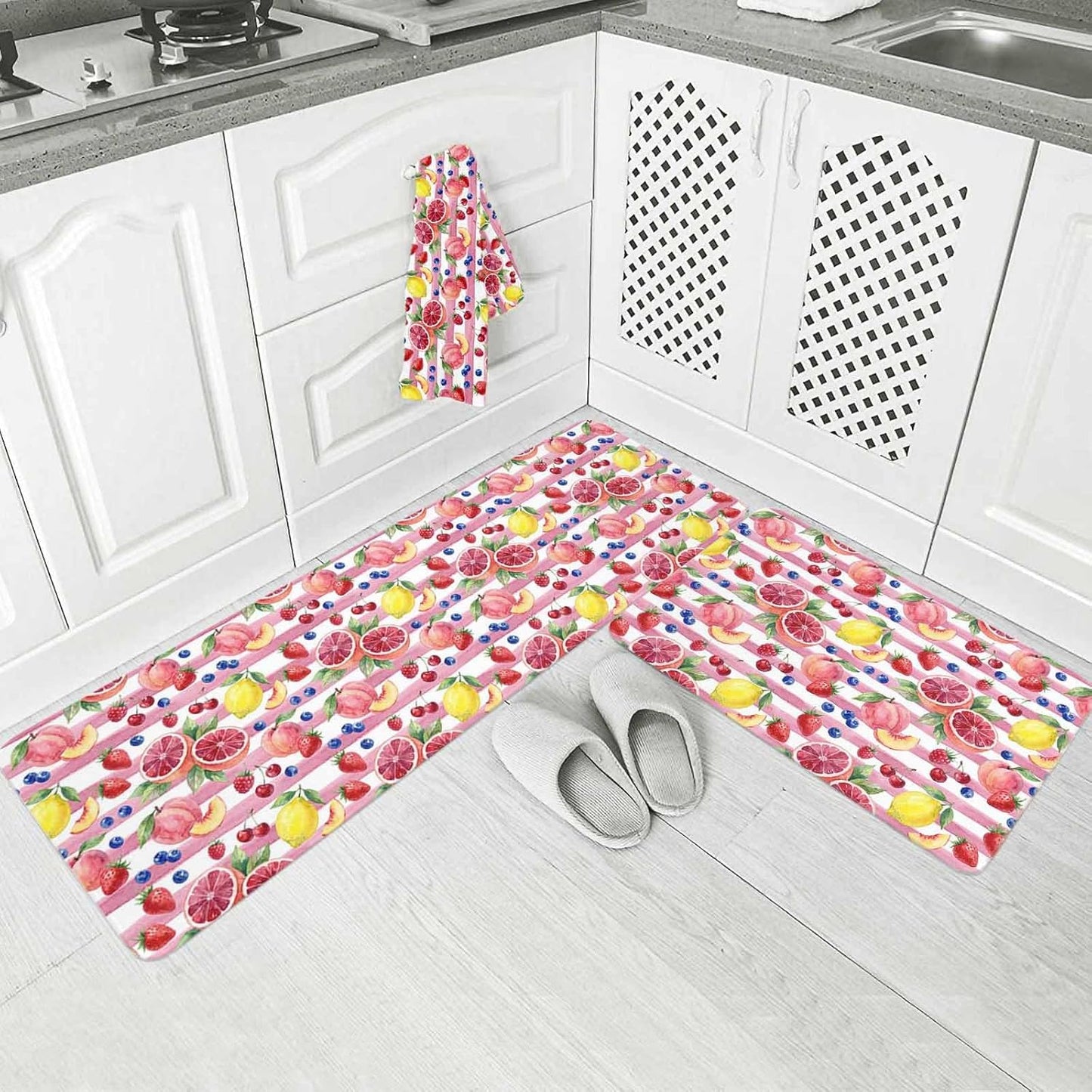 Kitchen Rugs and Mats, Summer Peach Lemon Grapefruit 2 Piece Area Runner Rug Set Comfort Standing Floor Mat, Blueberry Strawberry Pink Stripe Non Slip Absorbent Doormats for Laundry/Bathroom/Bedroom