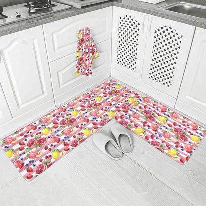 Kitchen Rugs and Mats, Summer Peach Lemon Grapefruit 2 Piece Area Runner Rug Set Comfort Standing Floor Mat, Blueberry Strawberry Pink Stripe Non Slip Absorbent Doormats for Laundry/Bathroom/Bedroom