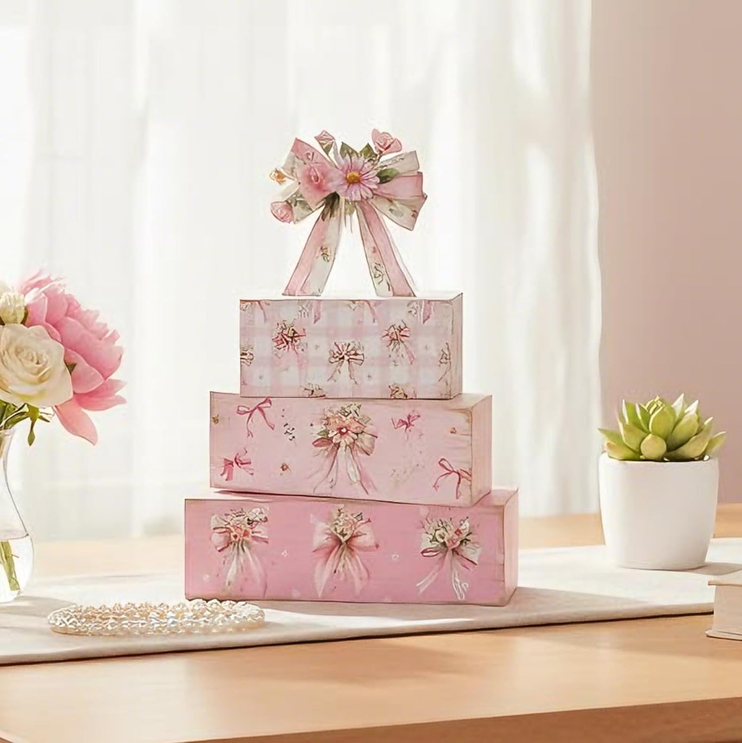 4 Pcs Pink Flower Bow Table Decorations Pink Flower Table Centerpiece Proposal Wedding Wooden Sign Tiered Tray Spring Decor Books Stack Signs Block for Wedding Home Office Decorations Shelf