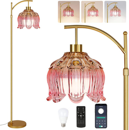 QIYIZM Pink Floor Lamp for Living Room,Bedroom,Gold Dimmable Standing Lamp with Remote,Mid Century Modern Brass Tall Lamp Boho Floor Lamps Arc Stained Glass Flower Floor Light Lamp Girls kids Bohemian