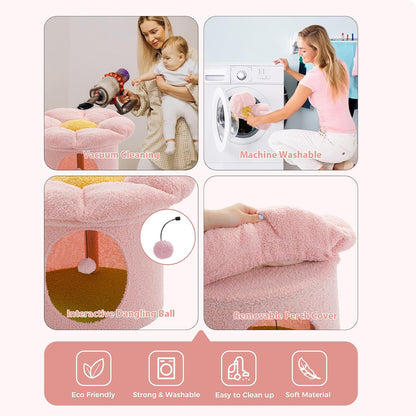 PETEPELA Cat Beds for Indoor Cats, Small Cute Cat Tree House with Removable Flower Cat Bed, Cat Hideaway, Indoor Cat House Condo, Cat Accessories, 20X20X16 Inches, Pink