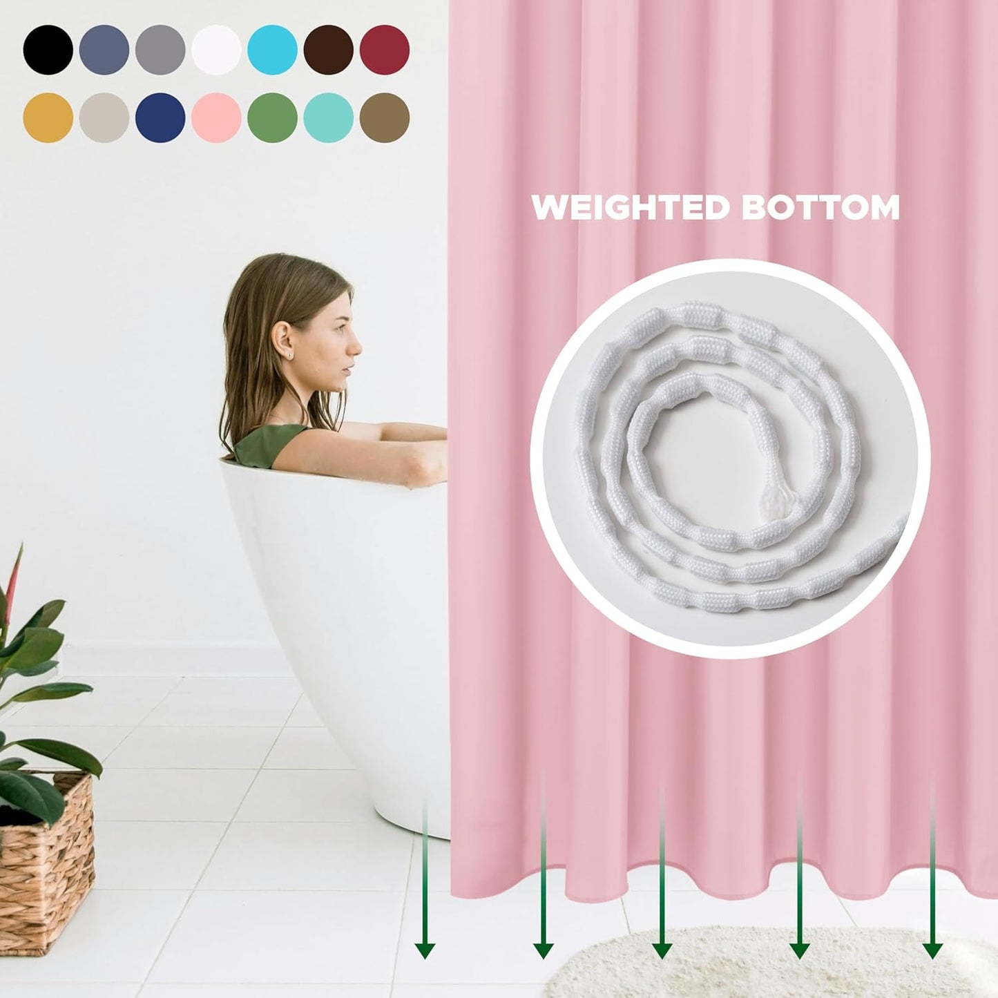 Biscaynebay Hotel Quality Fabric Shower Curtain Liners 72 Inch by 72 Inch, Pink Water Resistant Bathroom Curtains, Rust Resistant Grommets & Weighted Bottom Machine Washable