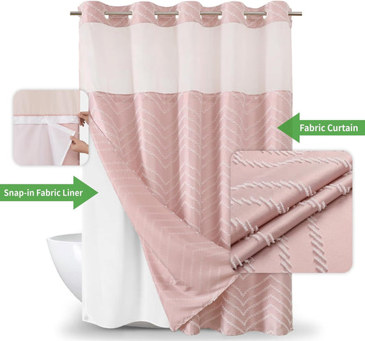 Blush Pink No Hook Shower Curtain with Snap-in Liner Set,Boho Modern Farmhouse White Tufted Chevron Striped Design,Woven Fabric Bathroom Curtain,71x74