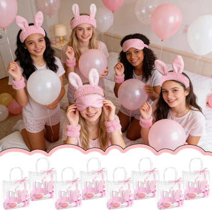 65 Pcs Pink Spa Party Supplies for Girls and Women with Gift Bags, Headband Eye Mask Mirrors Wristband Scrunchie Comb, Sleep Over Party Favors, Birthday Sleepover Slumber Day Essentials Kit