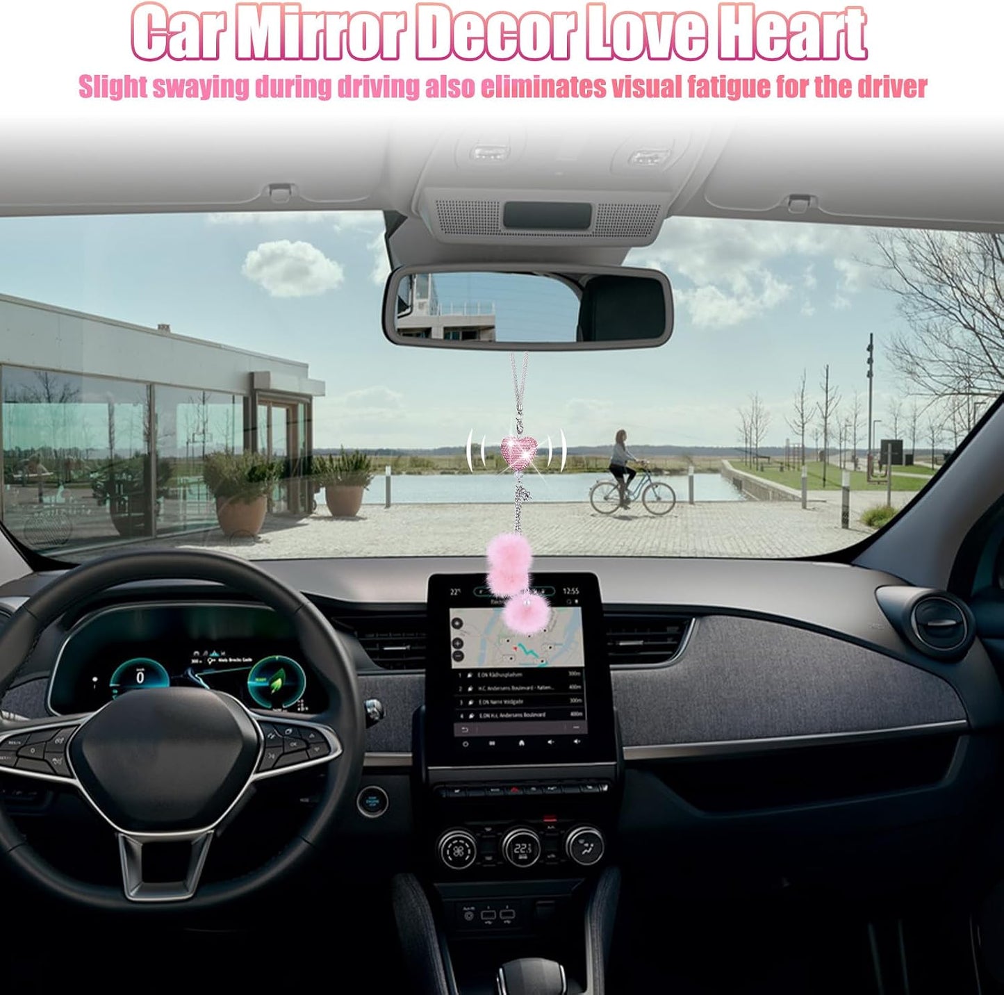 Bling Car Hanging Ornament, Bling Car Mirror Accessories for Women, Diamond Heart and Fuzzy Plush Ball, Car Accessories Hanging, Rear View Mirror Hanging Charm Pendant (Pink Heart, Pink Fluff)