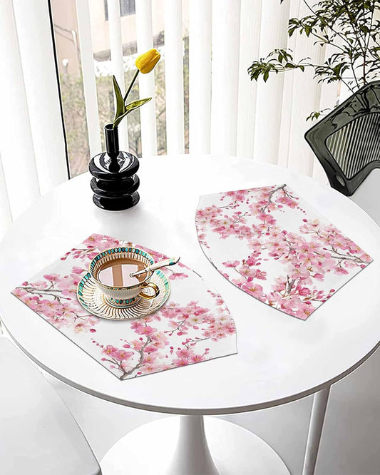 Round Table Placemats Set of 4, Spring Pink Blossom Peach Wedge Table Mat Washable Placemat, Watercolor Flower Tree Branch Fan Shape Place Mats for Kitchen Indoor Outdoor