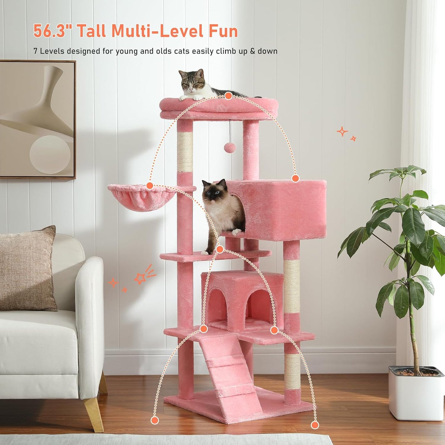 Pink Cat Tree for Indoor Cats, 2 Cozy Condos with Spacious Top Perch, 56.3-Inch Multi-Level Cat Tower with Scratching Posts, 2 Caves, Plush Hammock and Climbing Ramp
