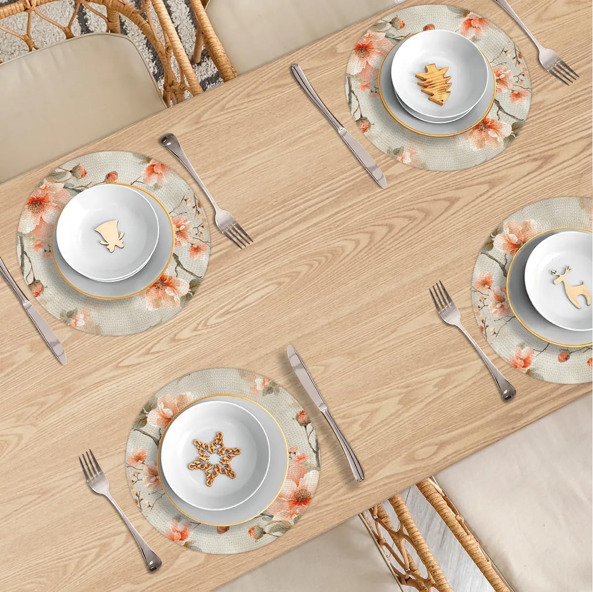 Peach Blossom Tree Round Placemats Sets, Circle Braided Place Mats for Dining, Washable Woven Braided Table Mats, Place Mats for Kitchen Decor