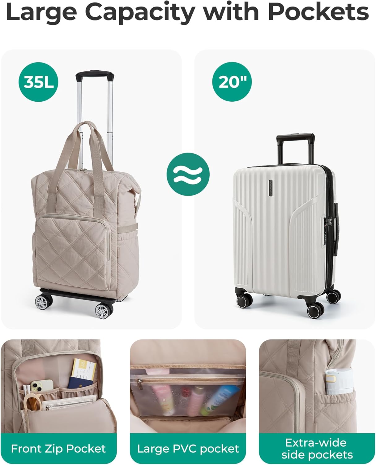 BAGSMART Rolling Duffle Bag with Wheels, 35L Carry on Travel Bag with Detachable Wheels, PVC Wet Pocket Duffel bag with Wheels, Baby Pink