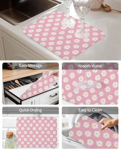 White Daisy Floral Drying Mats for Kitchen Counter, Light Pink Microfiber Absorbent Dish Drainer/Rack Mat,Reversible Hangding Quick Drying kitchen Decor,18x24 Machine Washable