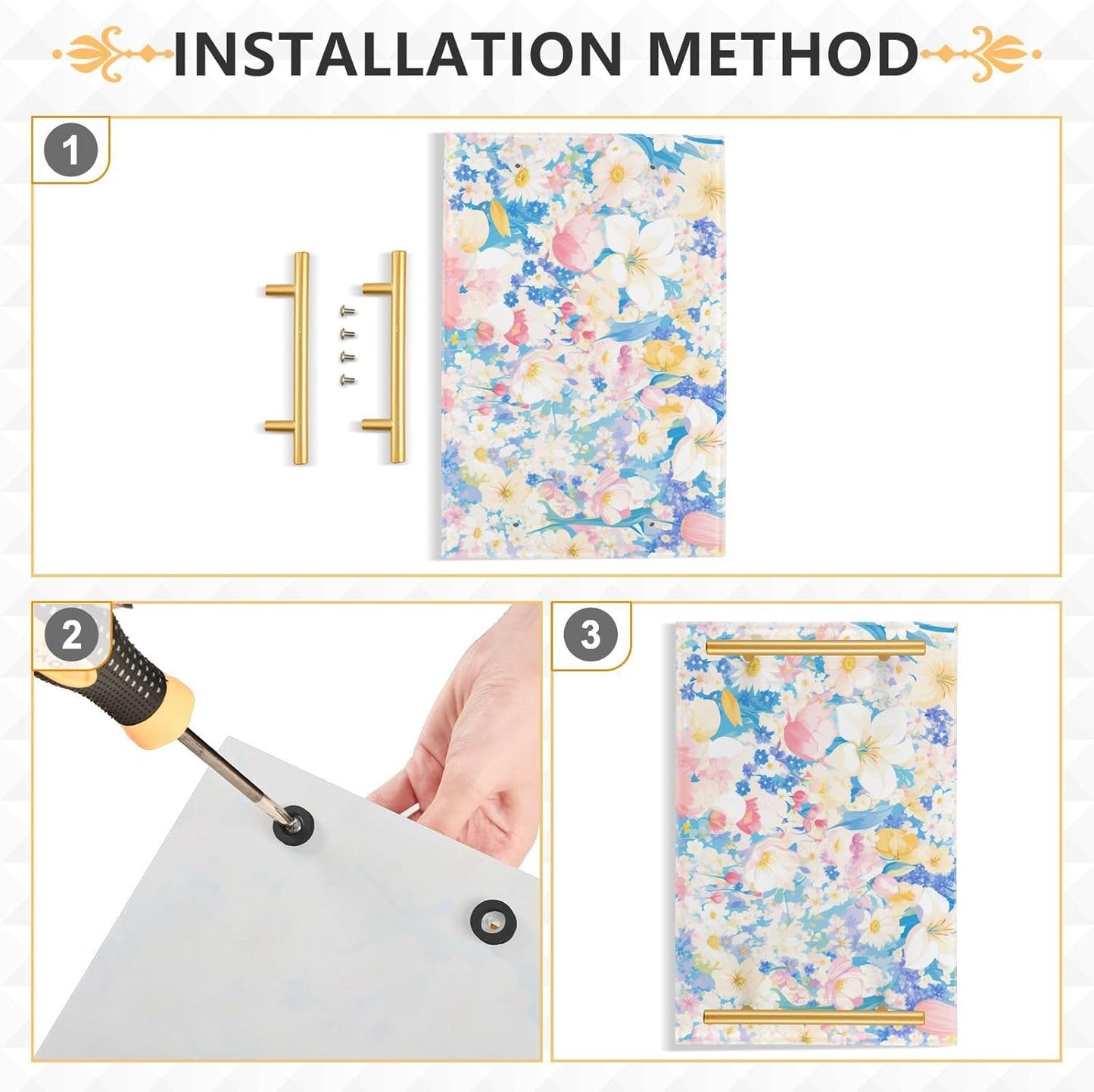 Pastel Pink Blue Floral Print Elegant Decorative Serving Trays with Handles Trays for Serving Food for Jewelry Perfume for Kitchen Serving bandeja para servir Cafe Elegante
