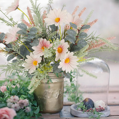 2 Bundles Artificial Wildflowers Fake Daisy Flowers Bouquet Silk Flower with Stems Faux Daisies Eucalyptus Pink Floral Arrangement for Table Centerpieces Home Indoor Summer Decoration