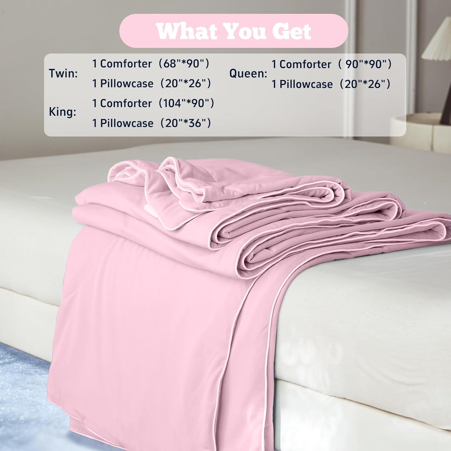DOWNCOOL Cooling Comforter Queen Size, Lightweight Blanket for Hot Sleepers with Cooling Pillowcases, 3-Piece Bedding Set for Night Sweats & Moisture-Wicking Quick-Dry Fabric, Pink 90″x90″