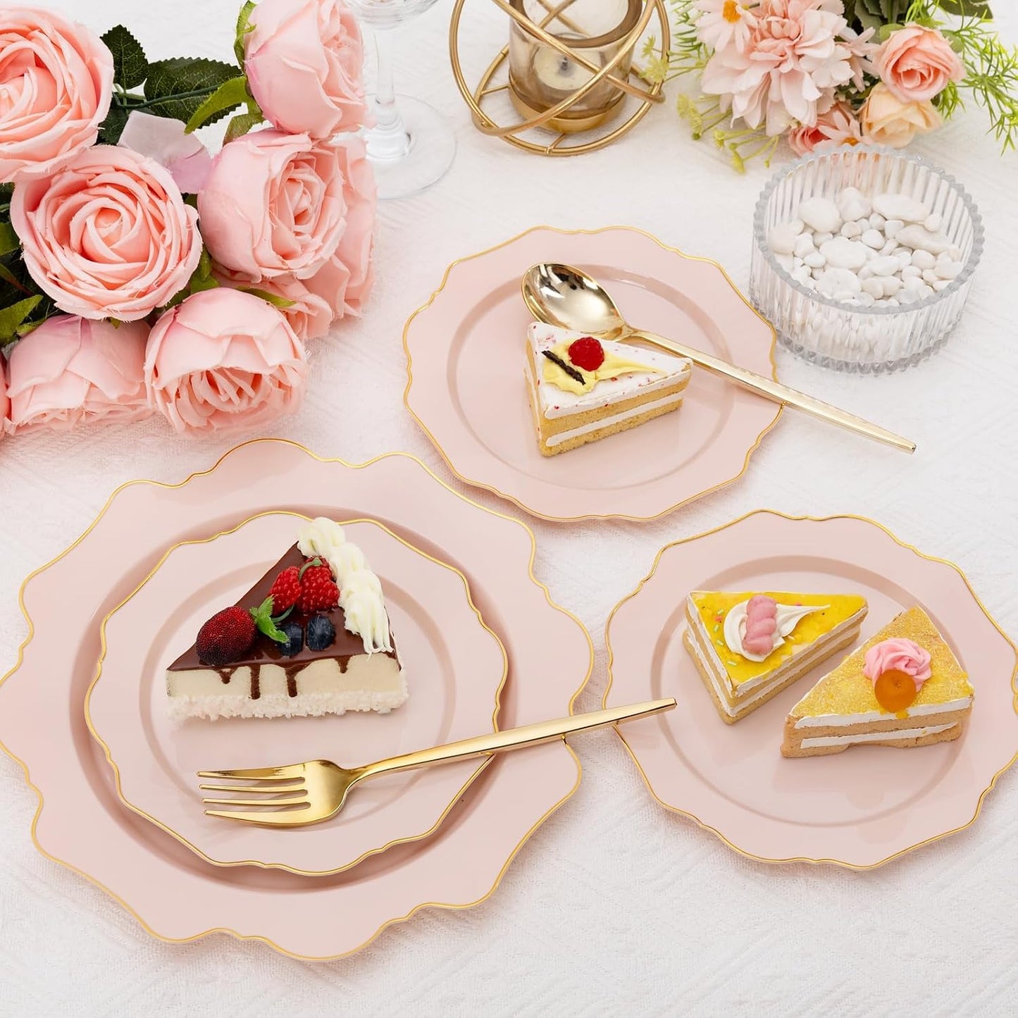 WDF 200PCS Pink Plastic Plates - Pink and Gold Plastic Plates - Include 100 Dinner Plate and 100 Cake Plate for Spring/Wedding/Bridal Shower/Tea party