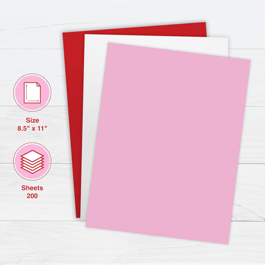 PrintWorks Valentine Cardstock 8.5" x 11" - 200 Sheets - 3 Assorted Colors (Red, Pink, & White) - Ideal for School & Craft Projects - 67 lb/147 gsm & 65 lb/176 gsm - Made in the USA (00593)