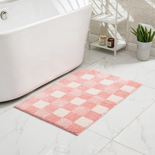 CozeCube Bath mats for Bathroom Non Slip, Fluffy Absorbent Microfiber Bath mat Washable, Aesthetic Bathroom Rugs, Cute Pink Checkered Bath mat, Pink, 24" x 36"