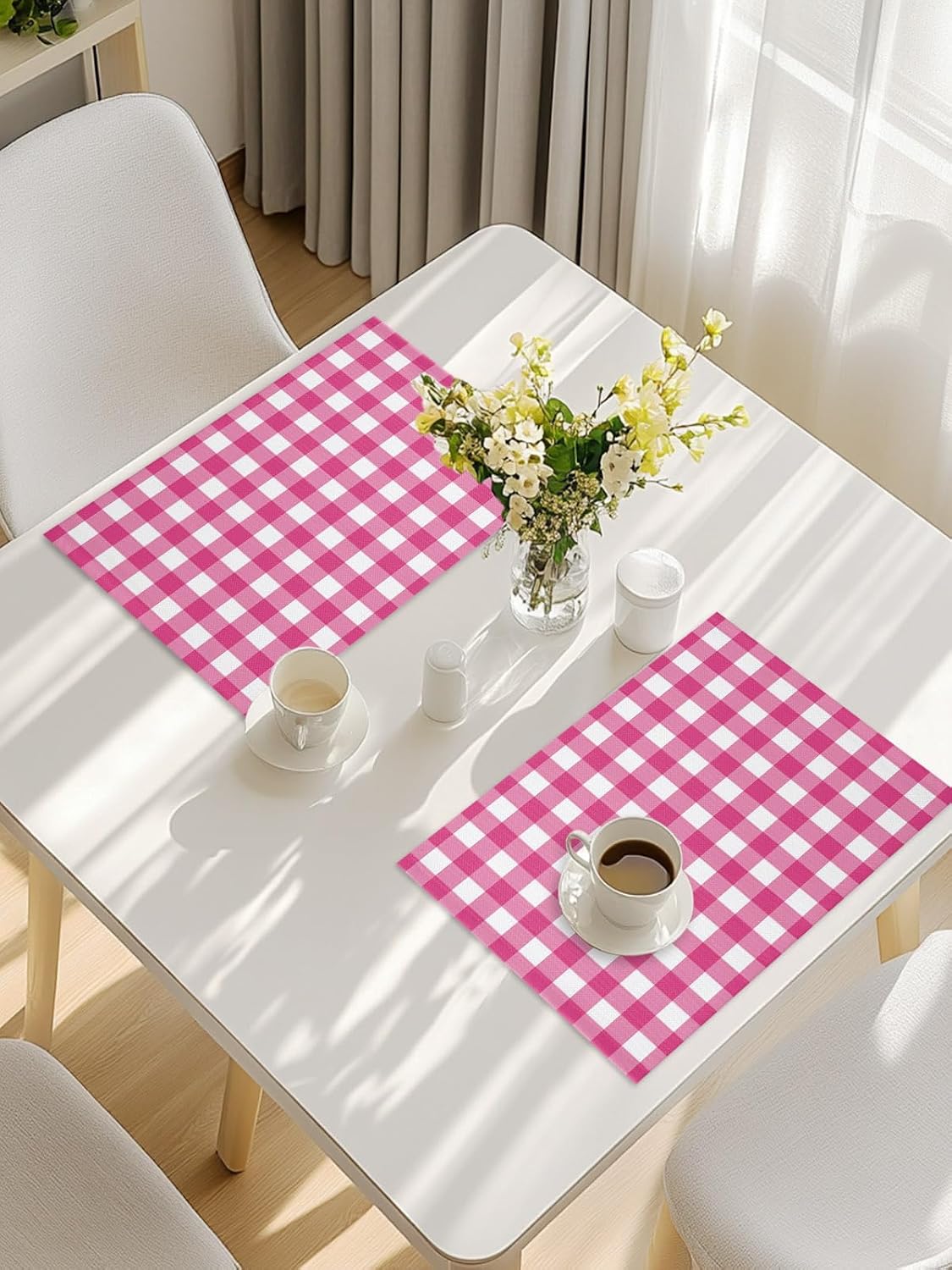 Peach Pink Checked Placemats Set of 4, Farmhouse Buffalo Plaid Country Grid Placemats for Dining Table, Place Mats for Kitchen Tabletop, Waterproof Wipeable Dining Table Mats Set