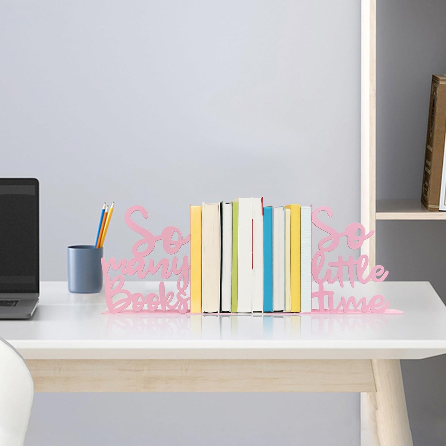 So Many Books, So Little Time Metal Bookends, Kids Bookends for Bookshelf, Reading Corner Decor, Daycare, Girls Bookshelf Classroom Bedroom Home Nursery Decor, Birthday Gift for Girls (Pink)