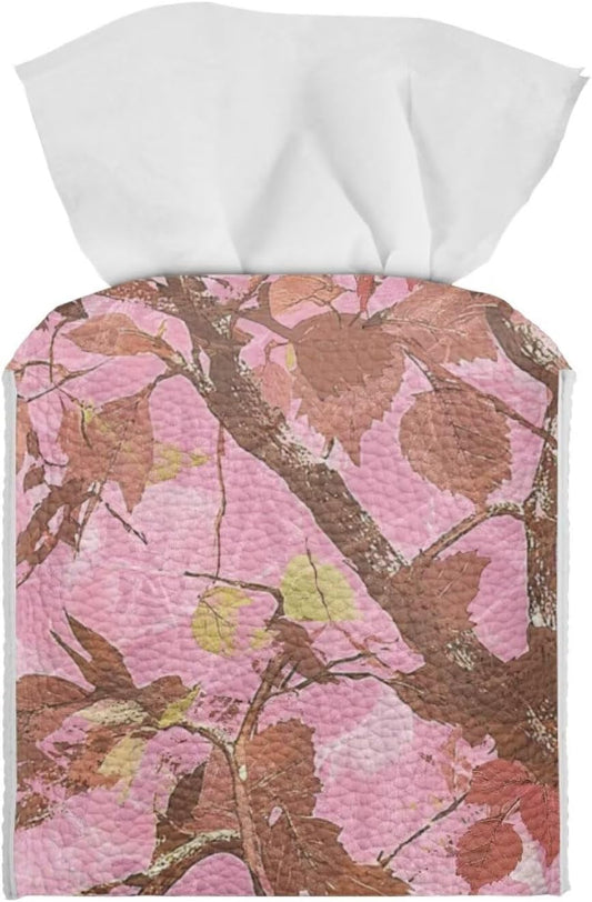Pink Leaves Camo Tissue Box Cover Square Novelty Home Decorative Tissue Box Holder PU Leather Case Facial Paper Cube Napkin Organizer Dispenser with Bottom Belt