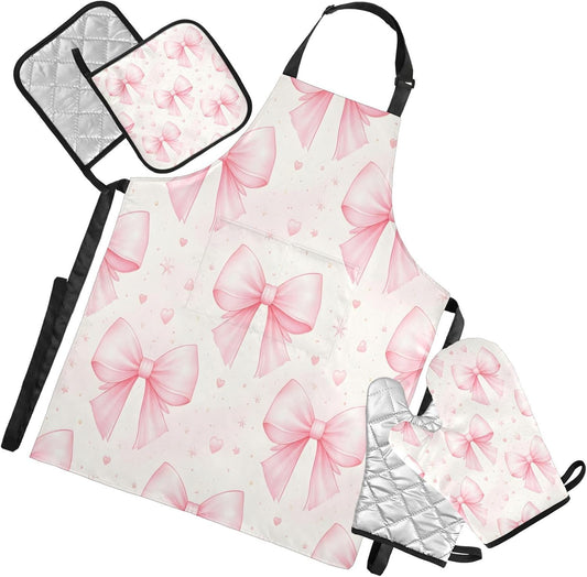 Bows Light Pink Oven Mitts and Pot Holders Sets with Adjustable Apron 5Pcs, Heat Resistant Kitchen Gloves and Non-Slip Potholders