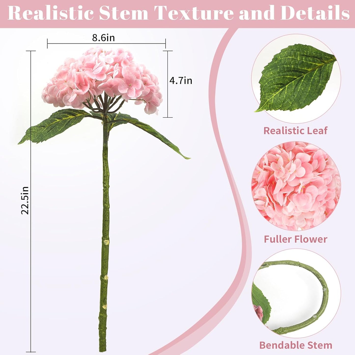 Kmise Hydrangea Artificial Flowers, 22” Real Touch Lifelike Latex Hydrangeas, Large Faux Hydrangea for Home Decor Wedding Bouquets, Pink, 3pcs